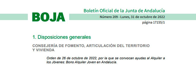 Publicación en BOJA del Bono alquiler Joven en Andalucía