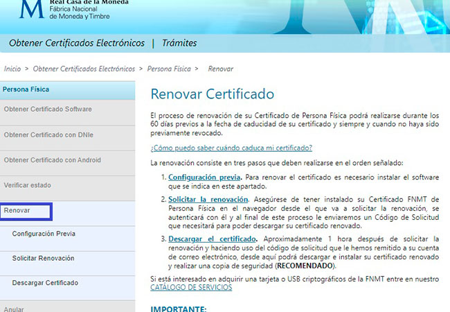 Opción Renovar el certificado digital de personas físicas en la FNMT
