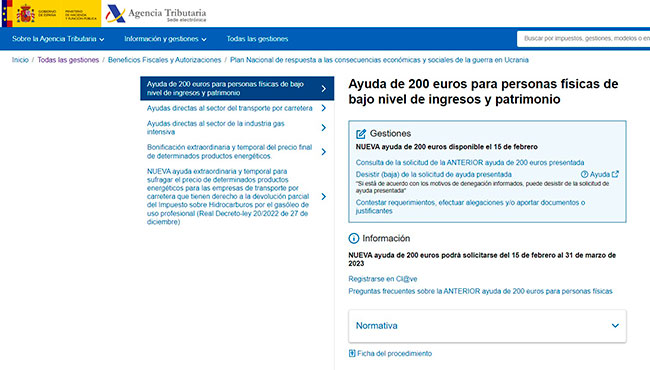 Web de hacienda para pedir la ayuda de 200 euros del Gobierno